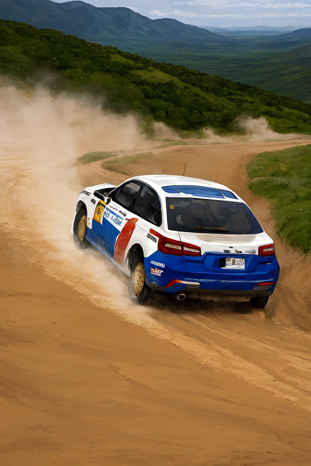 The white rally car is turning on the mountain road in Bayinbuluke, and a lot of sand and dust are kicked up from the rear of the car. oil painting,by Delacroix,motion blur,sand dust,