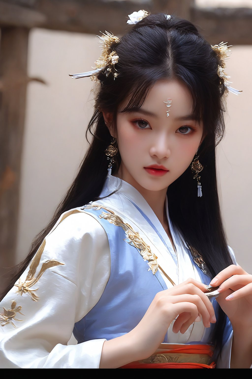 cowboy shot,(aesthetic),(perfect composition),(beautiful female fingers),(beautiful and heroic,cool and determined),(1girl,wuxia,detailed eyes,piercing eyes,ancient chinese swordsman costume),(perfect sword,metal reflective),(graceful posture),(beautiful rendering effect),(flying catkins effect,beautiful blur rendering),holding sword,emo,Expressiveh,concept art,qingyi,long black hair,hair ornament,3d,