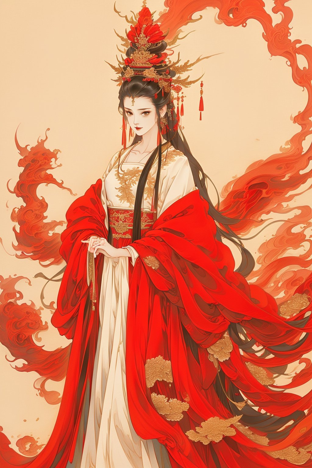 ((4K,masterpiece,best quality)),traditional chinese ink painting,hanfu,Chinese bride wedding dress,phoenix crown,red theme,(base color: red),