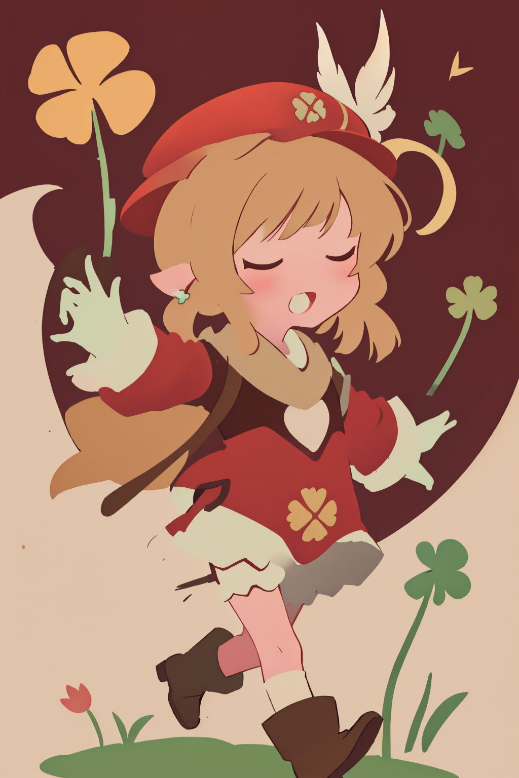 (anime minimalist,klee_genshin,masterpiece),little girl,brown scarf,clover print,hat feather,long sleeves,red coat,dress,bloomers,brown gloves,brown boots,randoseru,pocket,bag charm,from side,running,no facial features,open arms,