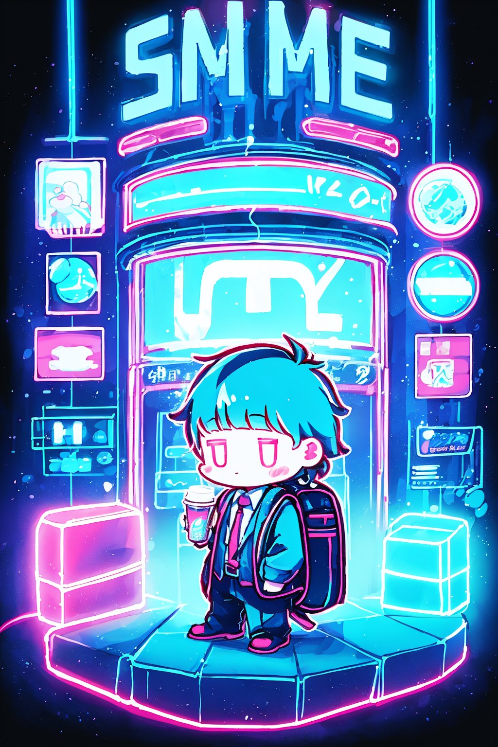 score_9,score_8_up,score_7_up,glowing outlines,game style,female businessman,extra large backpack,fantasy background,extremely excellent composition,chibi,neon lights,glowing outlines,neon,