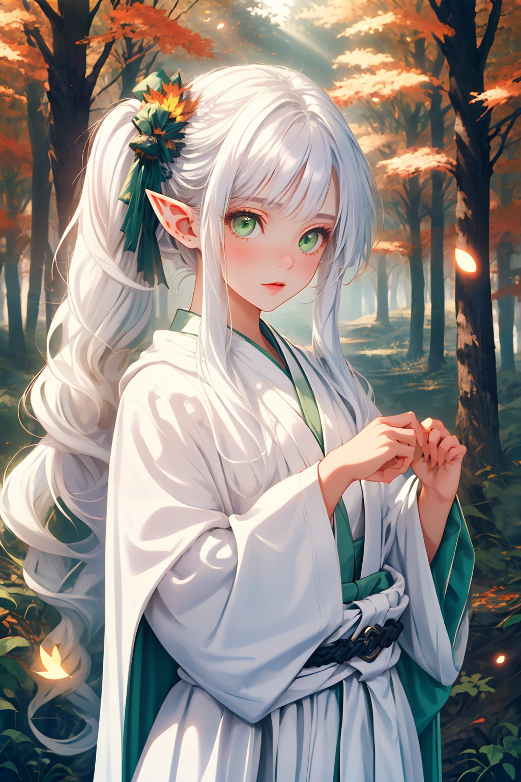 (masterpiece,best quality),((aesthetic,visual appeal)),(autumn,forest),(detailed eyes,green eyes),(petite,cute),((light particles,play of shadow and light)),(white cloak,white robe),(long hair to waist,twintails,white hair),(Elf,beautiful female fingers),((adjusting hair)),pointy ears,