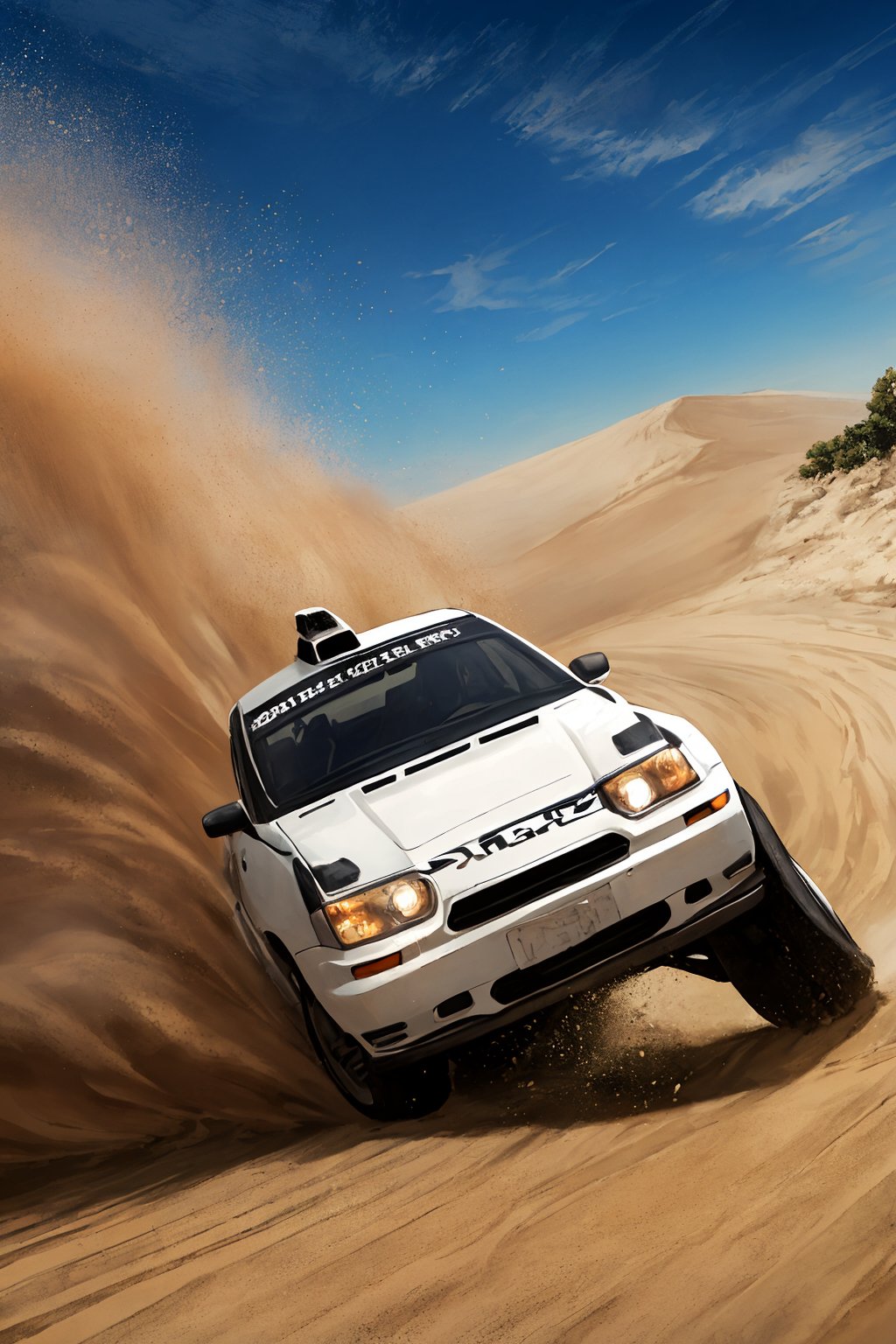 A high-speed shot of a white rally car as it takes a sharp turn on a winding mountain road in Bayinbuluke's rugged landscape. The camera captures the dramatic moment when the vehicle kicks up clouds of sand and dust from its rear tires, creating a majestic visual effect against the sun-kissed backdrop. oil painting style,motion blur,sand dust,tire close-up,