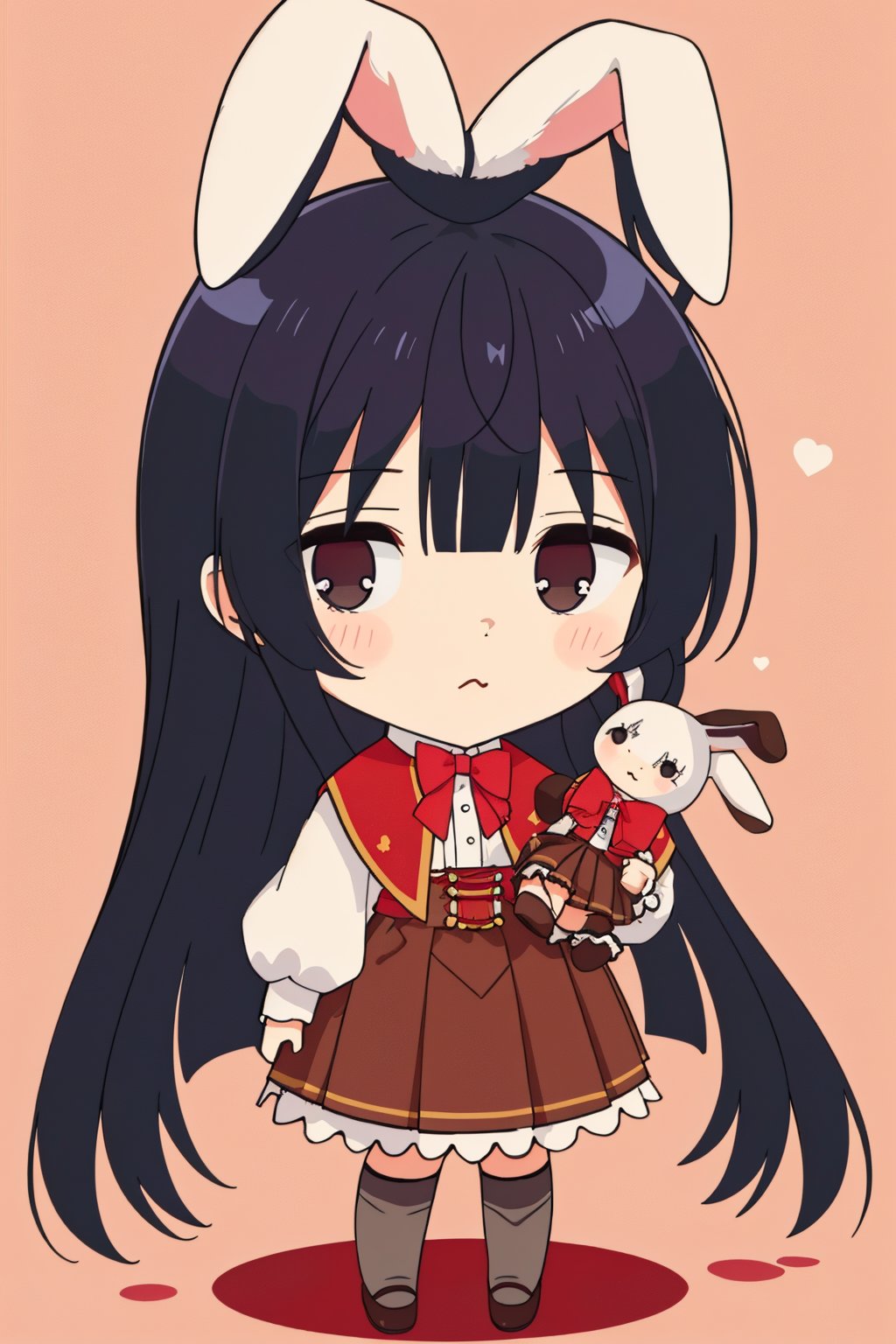 score_9, score_8_up, score_7_up, source_anime, cute and adorable,kawaii,yumielladolkness,black hair,very long hair,black eyes,red cape,brown pleated skirt,red corset lace-up skirt,chibi,holding a cute rabbit stuffed doll,dreamy background,