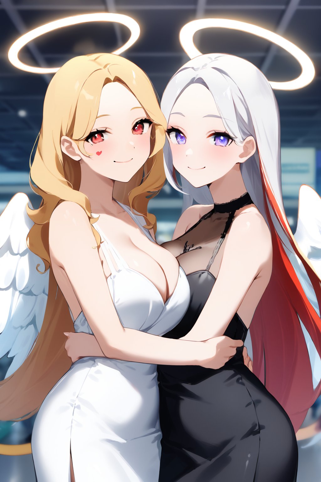 score_9, score_8_up, score_7_up, ,masterpiece,best quality,4K,group photo,(two girls,two people),((angel and devil)),same age,(cuddle),glamorous,gorgeous,beautiful,delicate facial features,detailed eyes,large breasts,smile,small mouth,airport,symmetrical docking,breast press.
A role : devil girl wearing ((black dress)),(little devil tail),white hair,long hair,long parted bangs\.
B role : angel girl wearing (white dress),halo,blond,bare shoulders\.