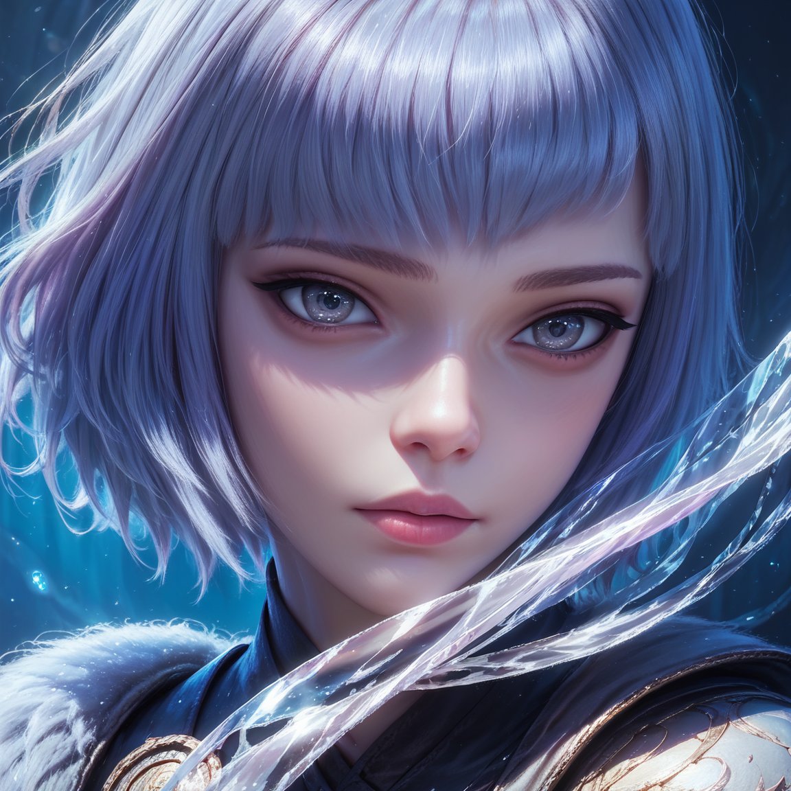 (score_9,score_8_up,score_7_up), ,(close up shot of face),(white hair),(flowing light),solo,best quality,delicate face,detailed facial features,detailed eyes,a bit cute,beautiful,gray eyes,short hair,TY,BYK,