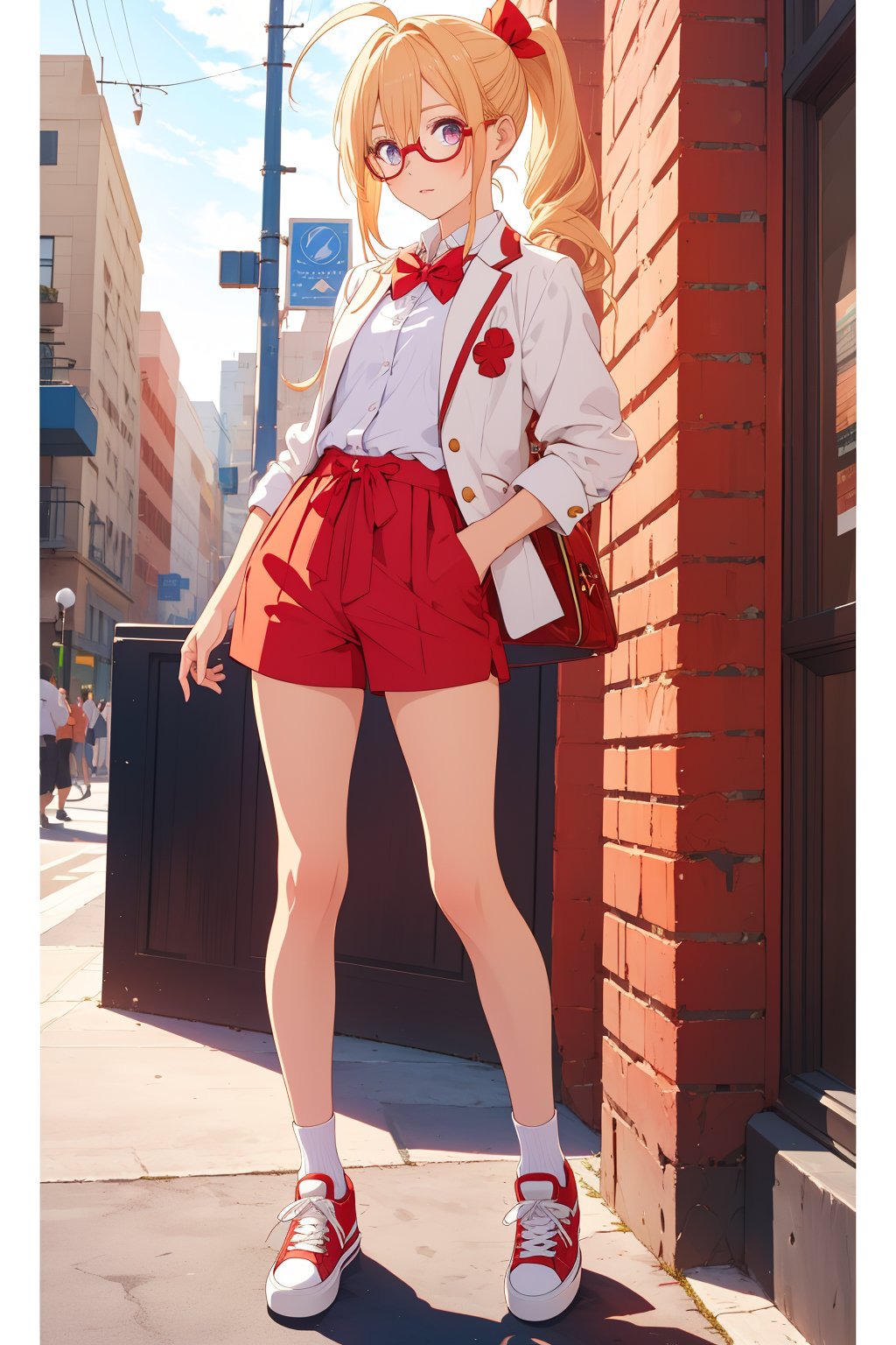 biscuit krueger\krueger biscuit\hunter x hunter\,(full body),standing,1girl,(masterpiece,4k,best quality),pixiv,detailed eyes,tiny girl,hair between eyes,ahoge,biskywz,blonde hair,bangs,ponytail,long hair,drill hair,hair ribbon,white shirt,blue blazer,gray shorts,red sneakers,red bowtie,black rimmed glasses,street,single finger at the viewer,