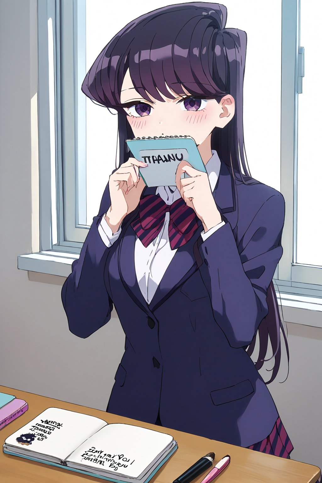 score_9, score_8_up, score_7_up, source_anime,(detailed eyes),Shouko Komi,1girl,(holding notebook),((notebook with text as "thank you")),(open notebook),((show notebook)),(hands up),english text,long hair,bangs,black hair,purple eyes,blazer,blush,red and black striped pleated skirt,thighband pantyhose,style_brush,(notebook focus),(eyes highlights),window,notebook covered mouth,