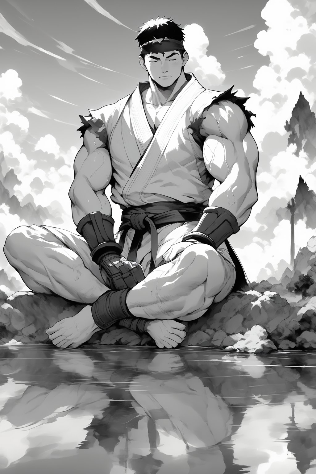 masterpiece,4K,best quality,ryu \(street fighter\),(full shot,black hair,short hair),red headband,white dougi,sleeveless,(torn clothes),white dojo pants,martial arts belt,red black fingerless gloves,barefoot,muscular,water surface,reflection,sky,sitting,crossed legs,(meditation,far away shot,closed eyes,monochrome,greyscale,ink art,sumi-e),