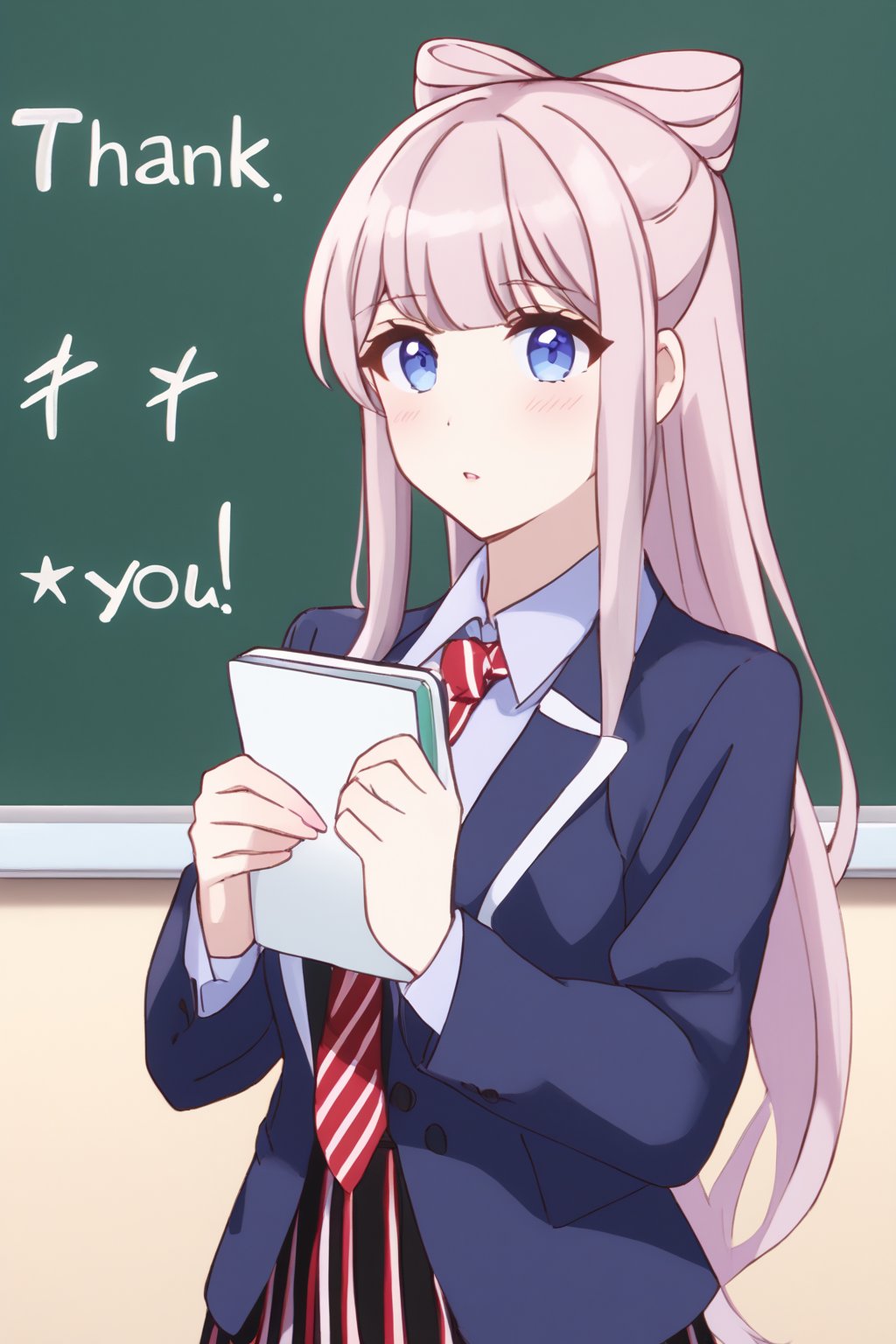 score_9, score_8_up, score_7_up, source_anime,(detailed eyes),Shouko Komi,1girl,(holding notebook),(notebook with text as "thank you"),(open notebook),(show notebook),(hands up),english text,long hair,bangs,black hair,purple eyes,blazer,blush,red and black striped bow tie,red and black striped pleated skirt,thighband pantyhose,style_brush,(notebook focus),(eyes highlights),blackboard,