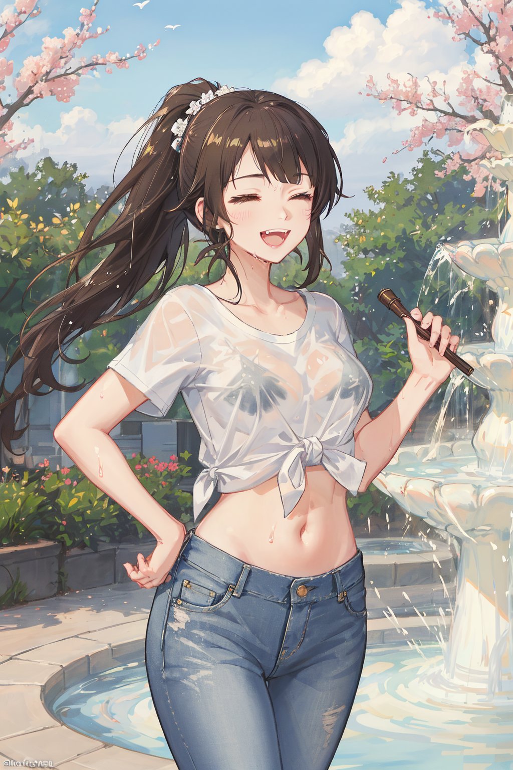 score_9,score_8_up,score_7_up,1girl,shiranui mai,large breasts,brown hair,brown eyes,long hair,high ponytail,parted bangs,masterpiece,8k UHD,delicate facial features,extremely detailed eyes,white tied t-shirt,navel,denim trousers,midriff,wet,see-through,laugh,smiling eyes,closed eyes,fountain,wide open mouth,laughter and joy,cute fangs,