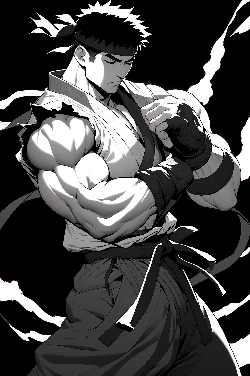 masterpiece,4K,best quality,ryu \(street fighter\),(from side,short hair),headband,dougi,sleeveless,(torn clothes),dojo pants,martial arts belt,fingerless gloves,muscular,(black background,glowing outlines,closed eyes,lineart,monochrome),(base color: white),