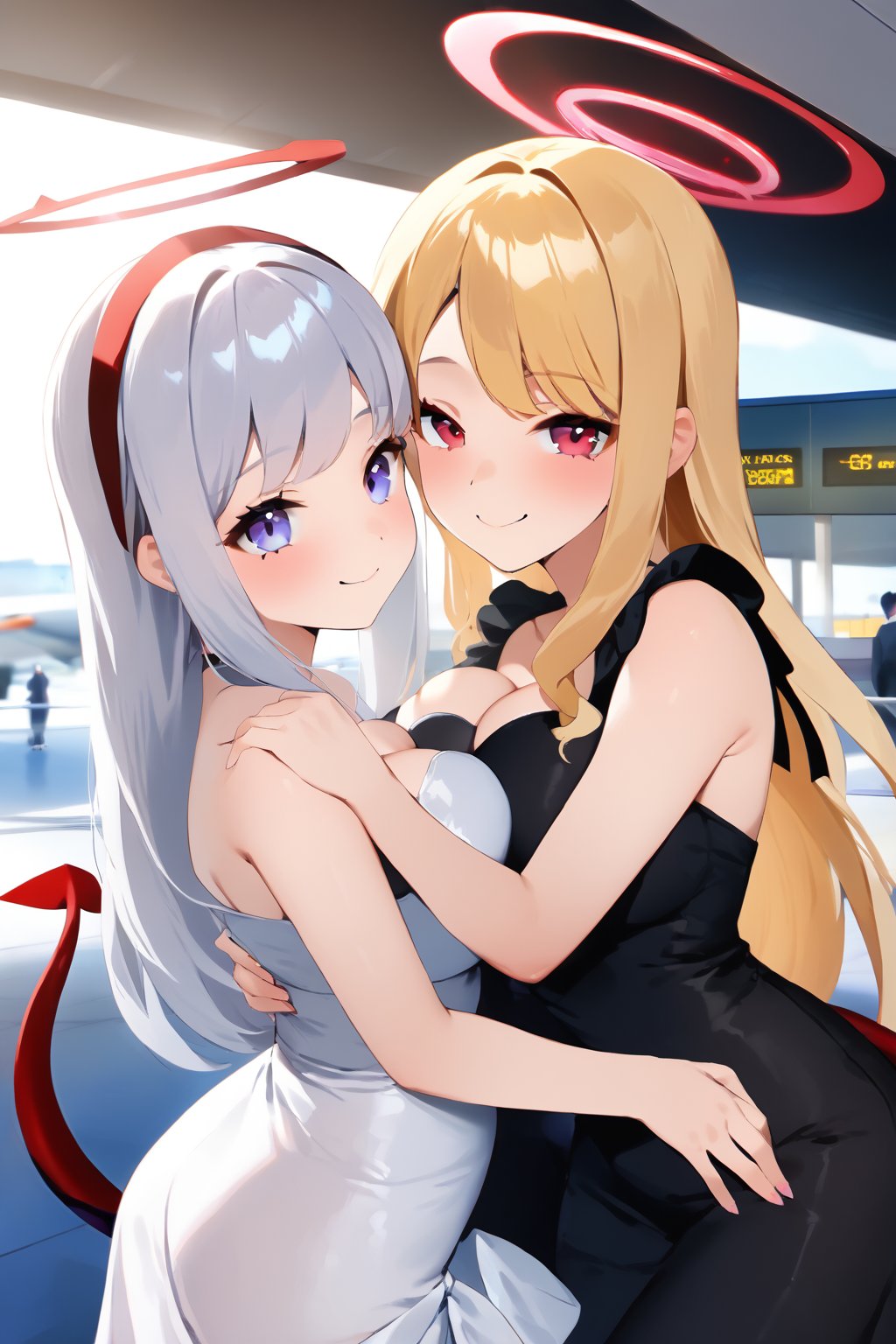 score_9, score_8_up, score_7_up, ,(masterpiece,best quality,4K),group photo,(two girls,two people),((angel and succubus)),same age,(cuddle),glamorous,gorgeous,beautiful,delicate facial features,detailed eyes,large breasts,smile,small mouth,airport,symmetrical docking,breast press,(devil girl).
A role : succubus girl wearing ((black dress)),((succubus tail)),white hair,long hair,long parted bangs\.
B role : angel girl wearing (white dress),halo,blond,bare shoulders\.