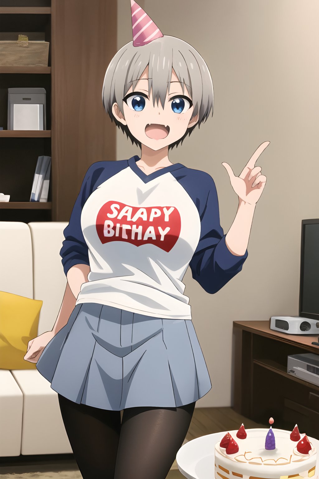 Hana Uzaki\,Uzaki Hana\,Uzaki-chan Wants to Hang Out\,1girl,large breasts,short hair,blue eyes,bangs,skin fang,grey hair,hair between eyes,t-shirt,raglan sleeves,t-shirt text("SUGOI DEKAI":1),romaji text,clothes writing,long sleeves,denim skirt(short skirt),black pantyhose,fang,standing,birthday cake,living room,table,party hat,