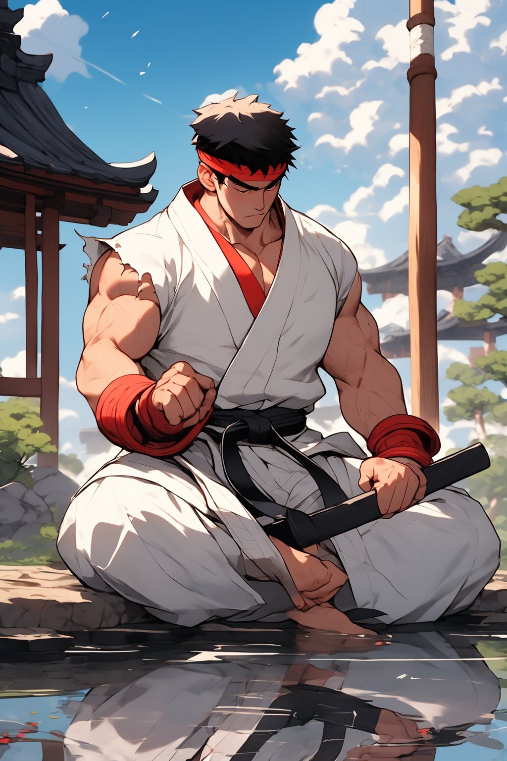 masterpiece,4K,best quality,ryu \(street fighter\),(full shot,black hair,short hair),red headband,white dougi,sleeveless,(torn clothes),white dojo pants,martial arts belt,red black fingerless gloves,barefoot,muscular,water surface,reflection,sky,sitting,crossed legs,((meditation,far away shot,closed eyes,sumi-e)),