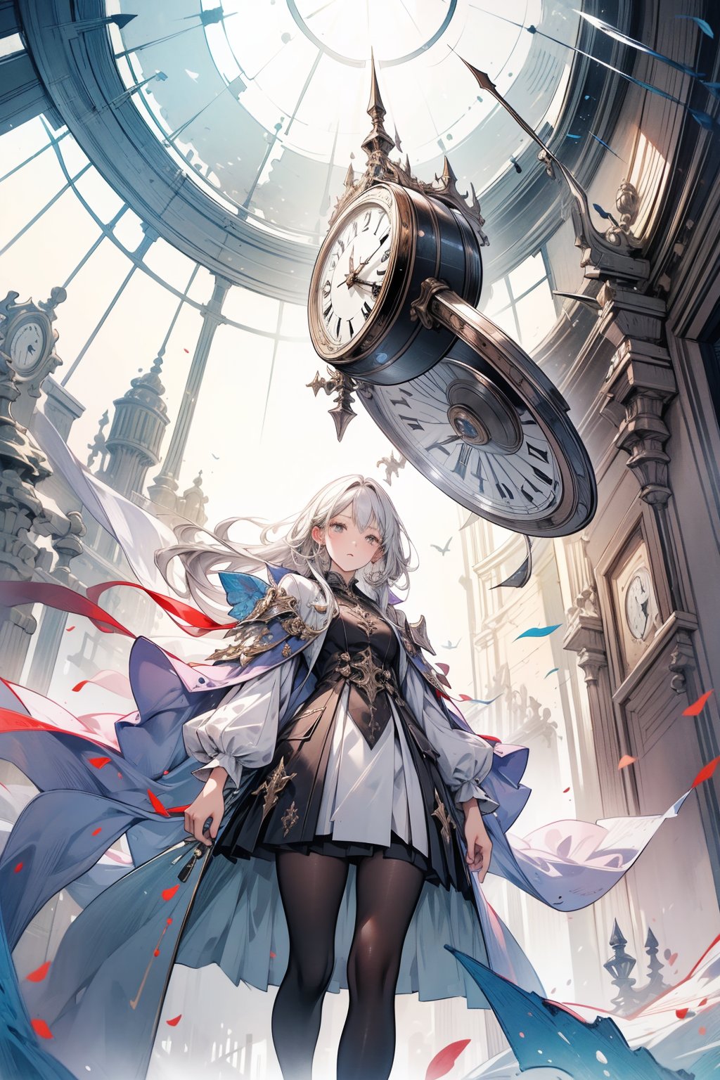 (personification,clock),Personification of clock,masterpiece,absurdres,original,dreamy background,visual appeal,excellent composition,wide shot,metallic feel,metal reflective,from below,levitate,,