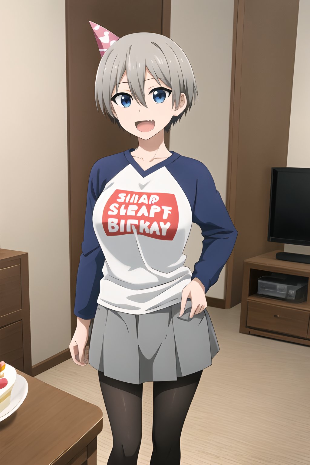 Hana Uzaki\,Uzaki Hana\,Uzaki-chan Wants to Hang Out\,1girl,large breasts,short hair,blue eyes,bangs,skin fang,grey hair,hair between eyes,t-shirt,raglan sleeves,t-shirt text("SUGOI DEKAI"),romaji text,clothes writing,long sleeves,denim skirt(short skirt),black pantyhose,fang,standing,birthday cake,living room,table,party hat,8k Ultra HD,detail processing,