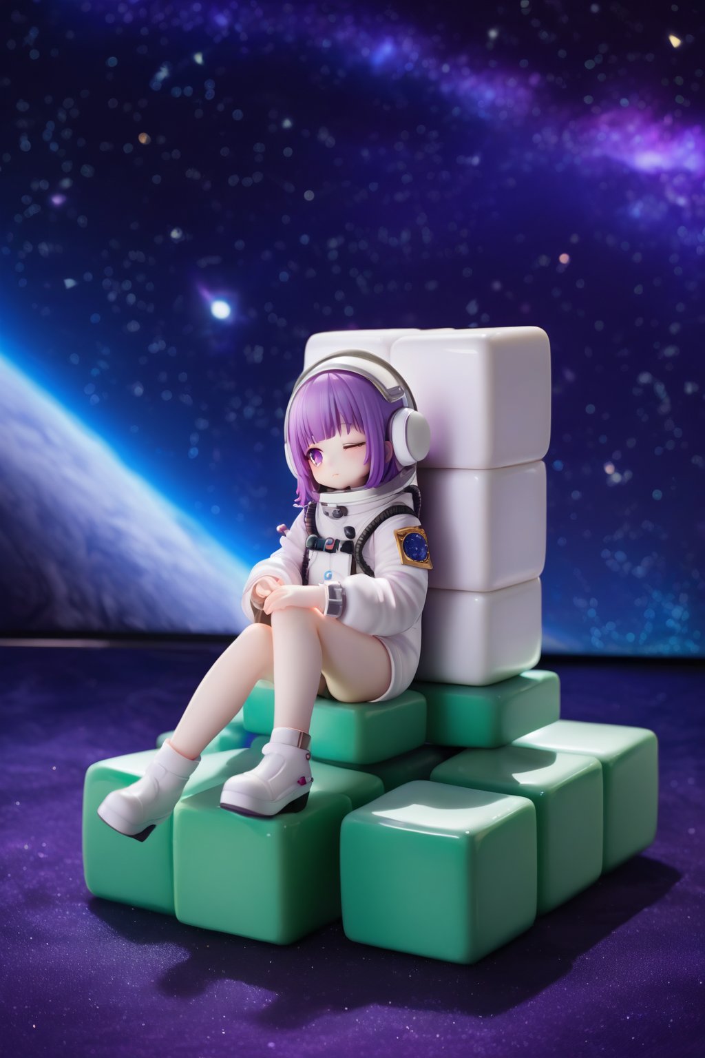 (1girl,little girl,girl focus),full body,kawaii,astronauts,((1mahjong,giant mahjong)),(sits comfortably on a giant mahjong tile),starry sky background,masterpiece,4K,best quality,fantasy,concept,(detailed eyes),meticulous,detail processing,((PVC Style)),space suit,spacesuit helmet,purple hair,purple eyes,(half closed eyes),