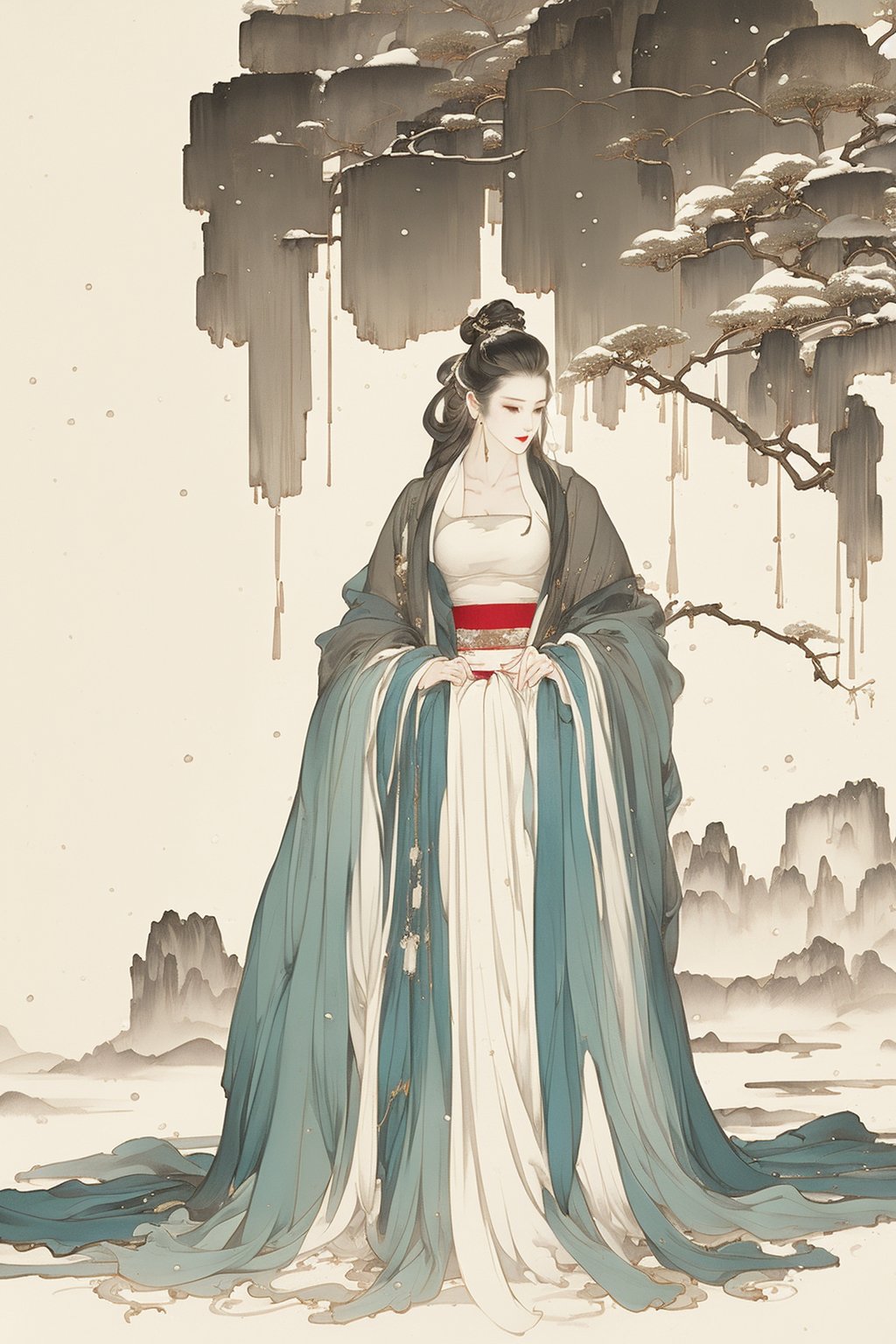 ((4k,masterpiece,best quality)),white,traditional chinese ink painting,1girl,((full body)),very long hair,hanfu,maxiskit,cleavage,((chiffon)),original,visual appeal,elegant posture,scenery,((snow scene)),(((more detail XL))),