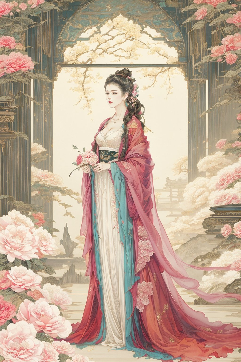 ((4k,masterpiece,best quality)),white,traditional chinese ink painting,1girl,((full body)),very long hair,hanfu,maxiskit,cleavage,((chiffon)),original,enchanting radiance,visual appeal,dynamic pose,((flowers,architecture,dreamlike)),indoors,window,Multi-Layered Textures,intricate details,aethetic,