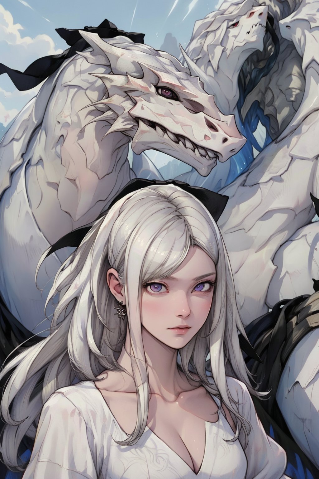 ((masterpiece,4K,best quality)),(mikhail \(drakengard 3\)),dragon,white scales,white skin,no humans,architecture, BREAK,1girl,zero\drakengard 3\,(((white hair))),((black hair bow)),(long hair),white dress,girl and dragon,(extremely detailed face),((extremely detailed eyes)),pink eyes,piercing eyes,bangs,