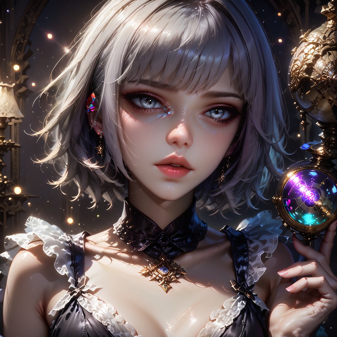 (close up shot of face),(best quality),(detailed eyes),(fingers on lips),1girl,gray eyes,white hair,short hair,babydoll,emo,Expressiveh,concept art,TY,BYK,light particles,(glowing Sanskrit text and aura diffusion background)