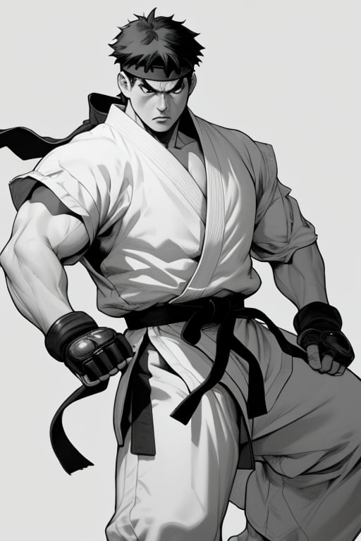 ryu \(street fighter\),short black hair,detailed face,detailed eyes,black headband,white dougi,white dojo pants,black martial arts belt,black fingerless gloves,barefoot,muscular,35 years old,standing,high kick,fighting stance,intense face,pencil sketch,monochrome,greyscale,simple background,angry,