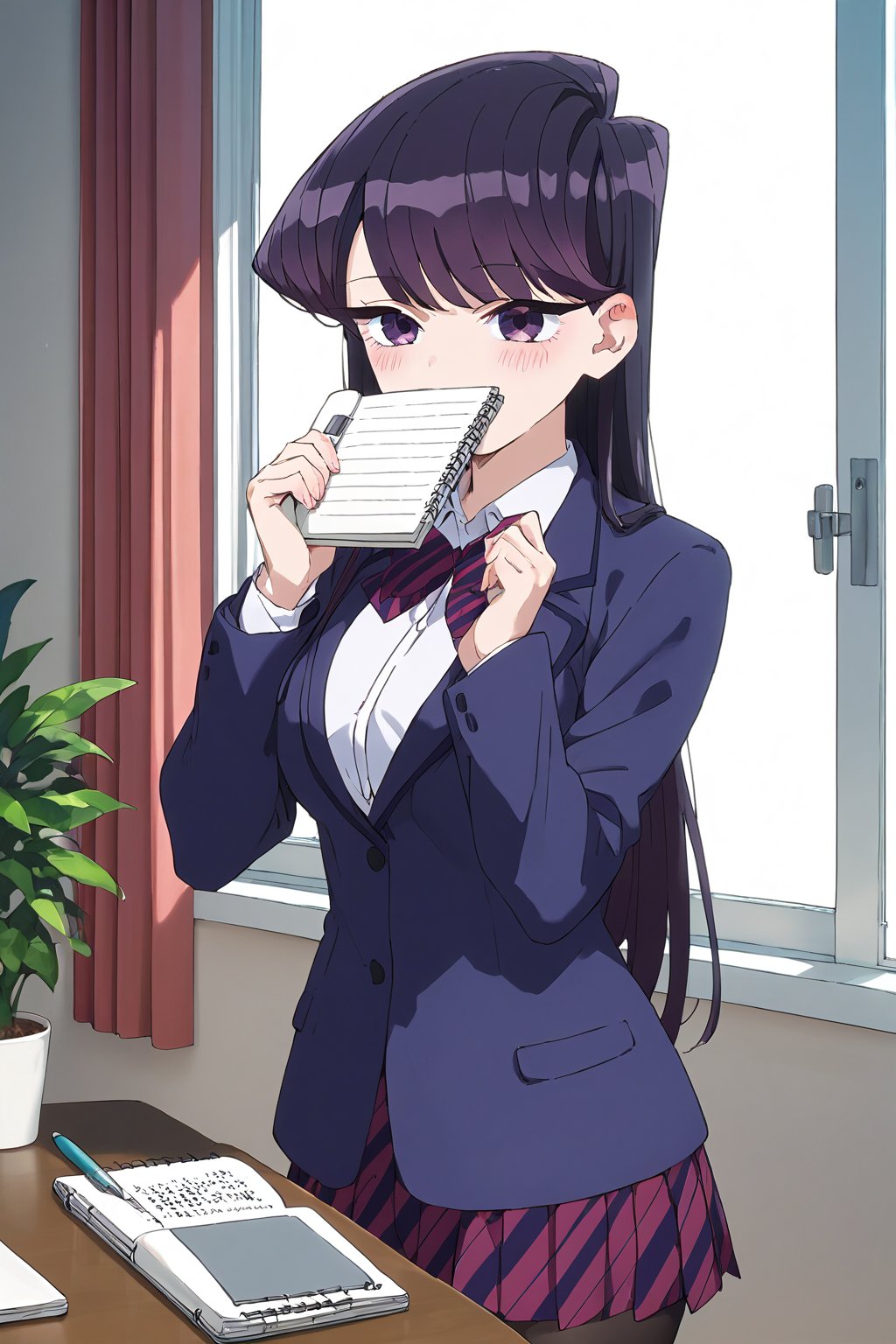 score_9, score_8_up, score_7_up, source_anime,(detailed eyes),Shouko Komi,1girl,(holding notebook),(notebook with text as "thank you"),(open notebook),(show notebook),(hands up),english text,long hair,bangs,black hair,purple eyes,blazer,blush,red and black striped pleated skirt,thighband pantyhose,style_brush,(eyes highlights),window,notebook covered mouth,