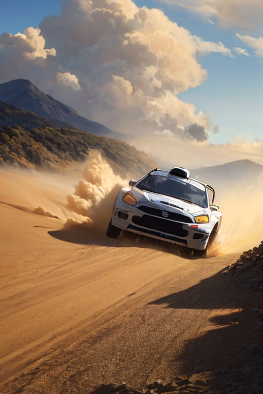 A high-speed shot of a white rally car as it takes a sharp turn on a winding mountain road in Bayinbuluke's rugged landscape. The camera captures the dramatic moment when the vehicle kicks up clouds of sand and dust from its rear tires, creating a majestic visual effect against the sun-kissed backdrop.