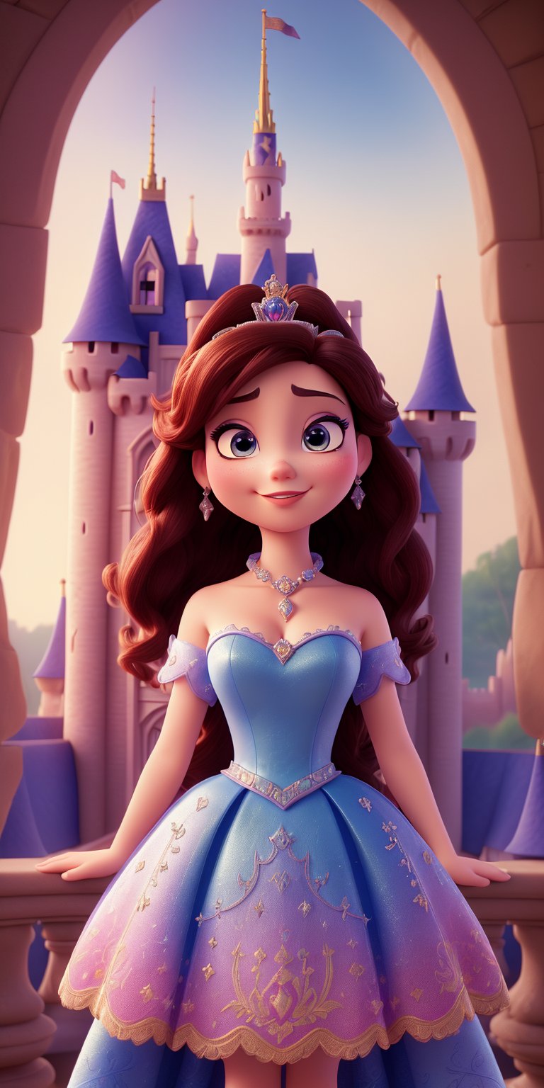 fantasy,(masterpiece,best quality),(beautiful,detailed eyes),(3d cartoon,walt disney princess),(aethetic,castle),(dress,elegant posture),(magic,visual appeal),