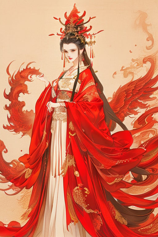 ((8k Ultra HD,masterpiece,best quality)),shuimobysim,traditional chinese ink painting,hanfu,Chinese bride wedding dress,phoenix crown,red theme,(base color: red),