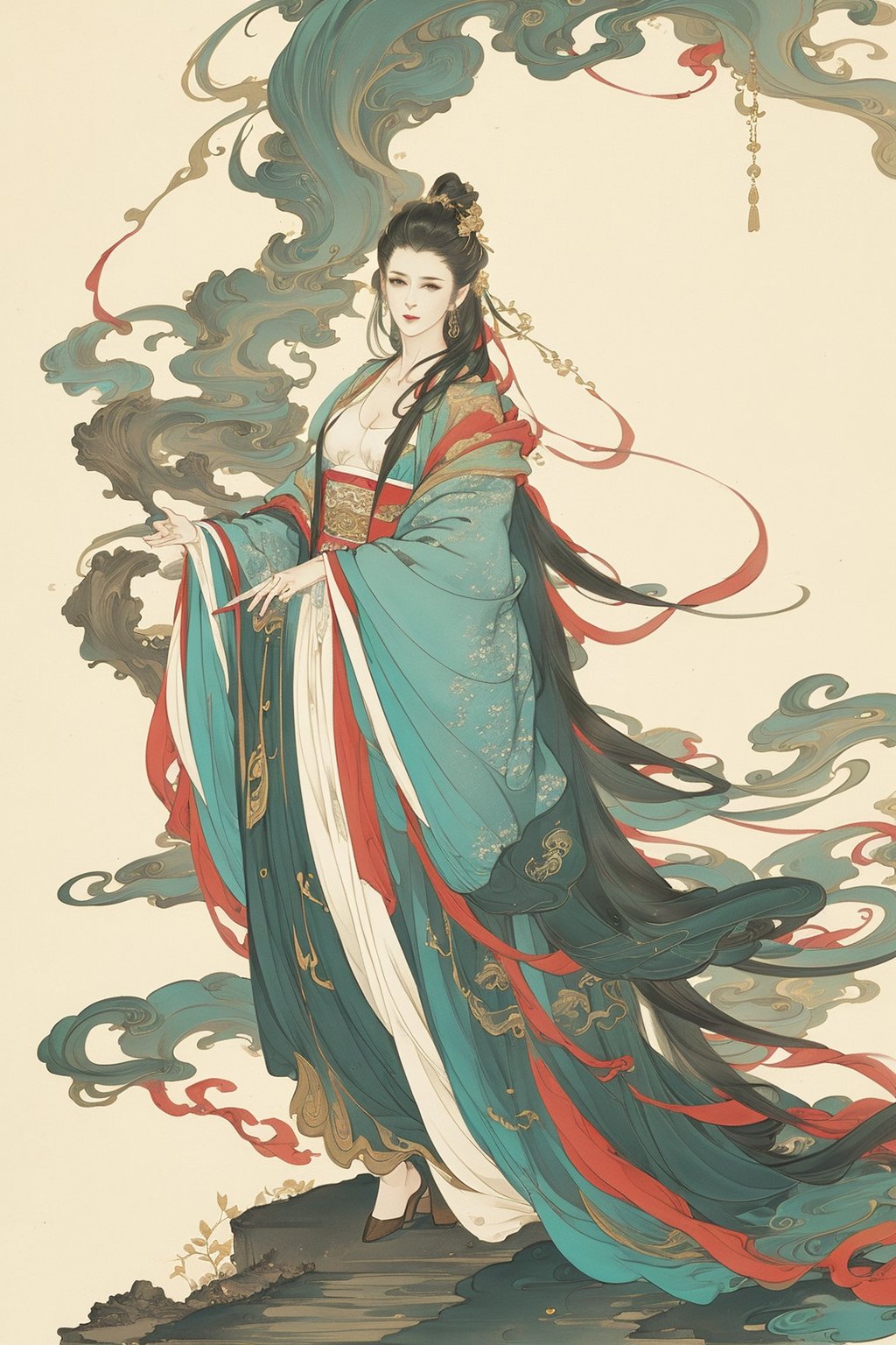 ((4k,masterpiece,best quality)),traditional chinese ink painting,1girl,((full body)),very long hair,hanfu,detailed eyes,original,chiffon,enchanting radiance,visual appeal,dynamic pose,((scenery,fantasy)),bikini,