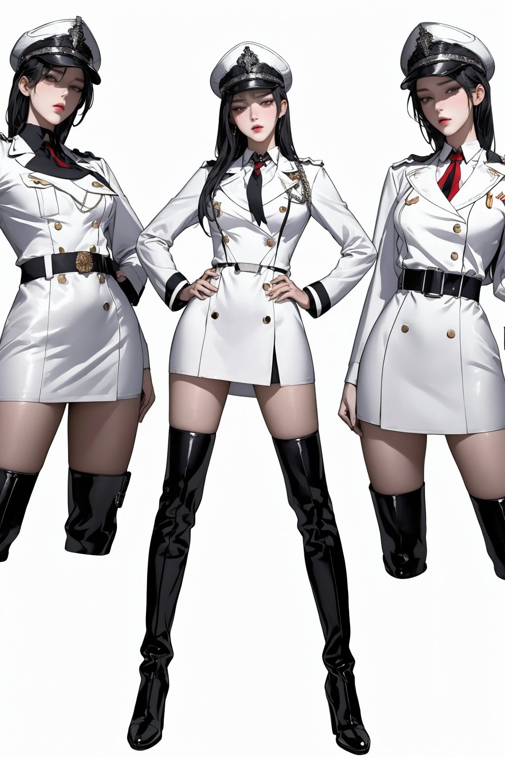 full body shot,aethetic,extremely excellent composition,8k Ultra HD,extremely detailed eyes,deep eyes,elegant posture,white military officer hat,white military uniform,white package hip skirt,black thigh high boots,beautiful face,delicate facial features,