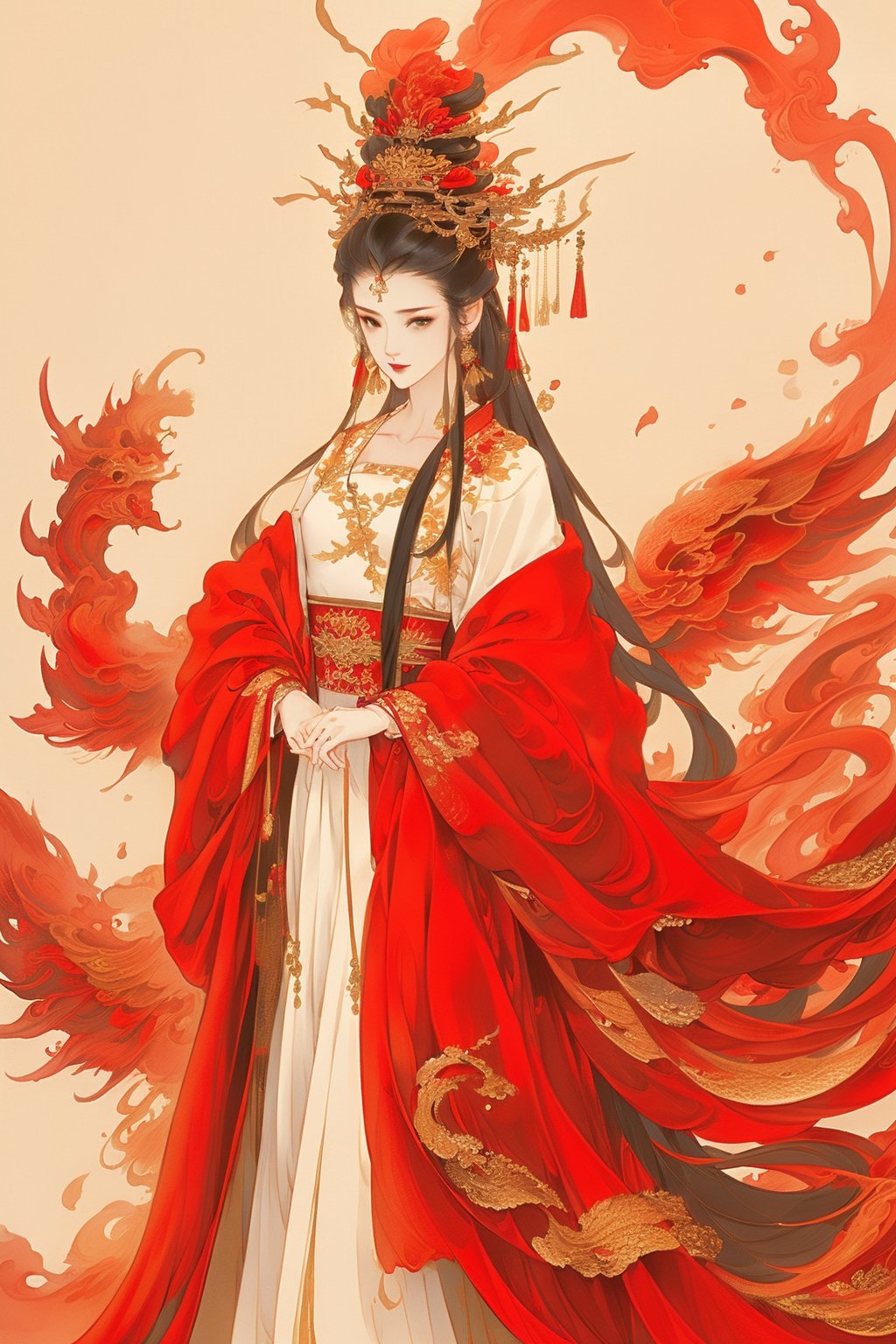 ((4K,masterpiece,best quality)),traditional chinese ink painting,hanfu,Chinese bride wedding dress,phoenix crown,red theme,(base color: red),