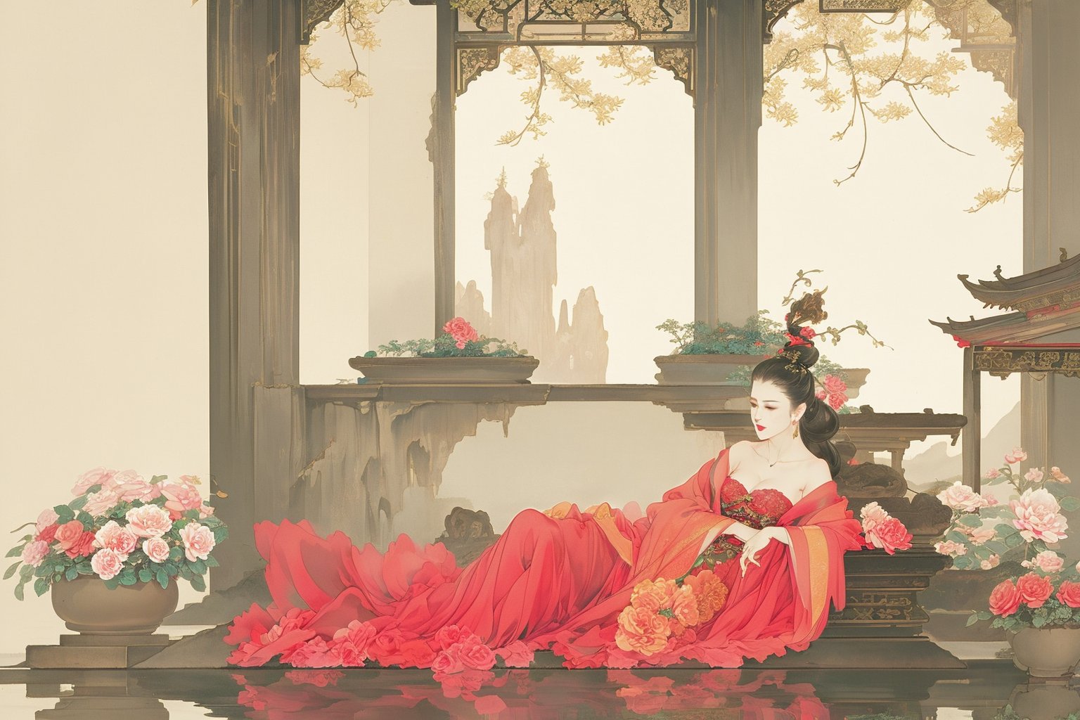 ((4k,masterpiece,best quality)),white,traditional chinese ink painting,1girl,((full body)),very long hair,hanfu,maxiskit,cleavage,((chiffon)),original,enchanting radiance,visual appeal,dynamic pose,((flowers,architecture,dreamlike)),indoors,((lying)),window,ancient chaise longue,girl focus,