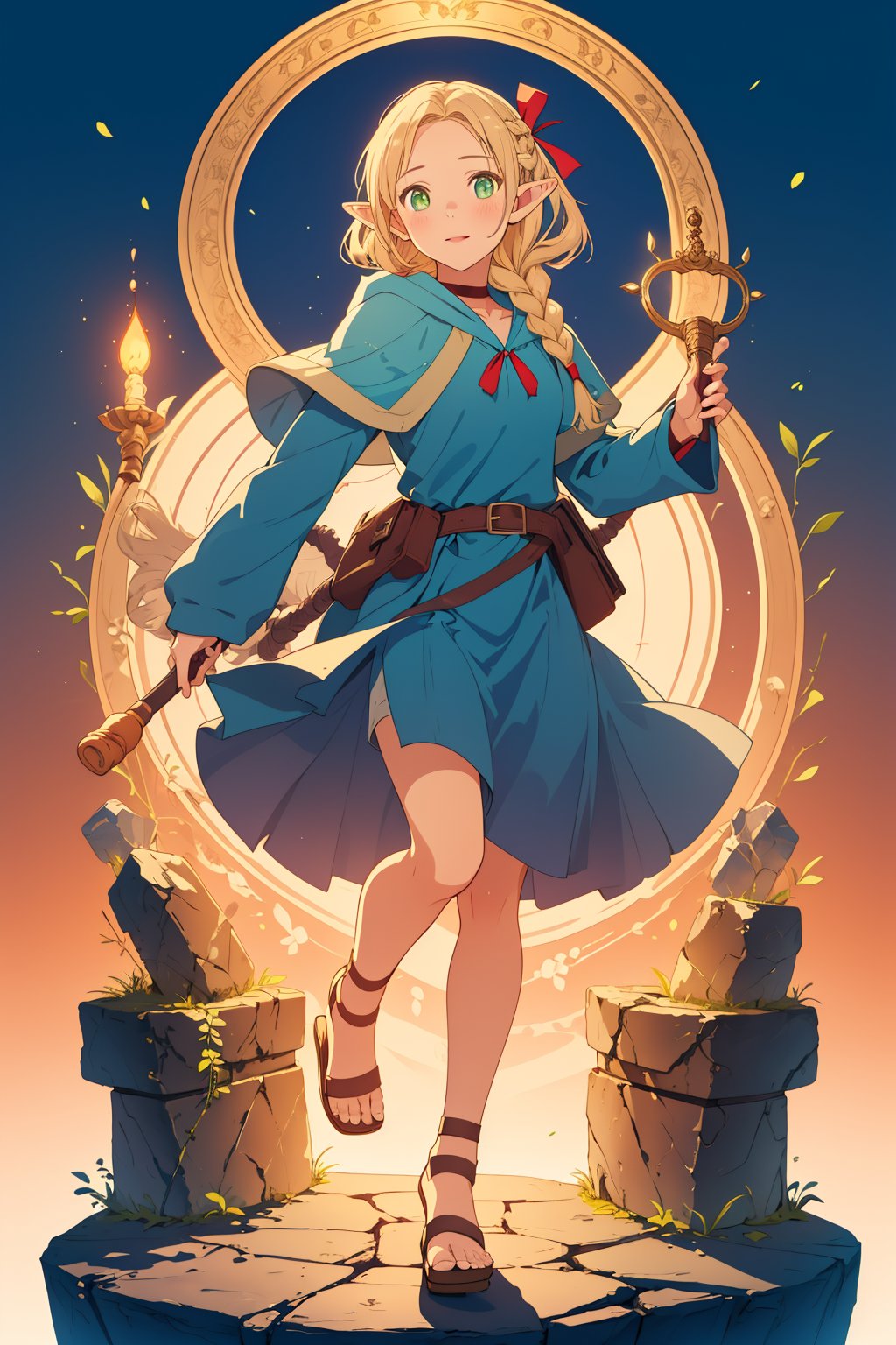 (masterpiece),4K,best quality,1girl,full body,marcille,marcille donato\donato marcille\(delicious in dungeon\),elf,pointy ears,blonde hair,parted bangs,hair ribbon,green eyes,red choker,light blue capelet,hooded capelet,ribbon,dark blue dress,long sleeves,brown belt,belt pouch, french braid twin braids,sandals,hood down,holding,staff,holding staff,stone bricks,arch,a staff with a circle on it,visual appeal,dynamic pose,