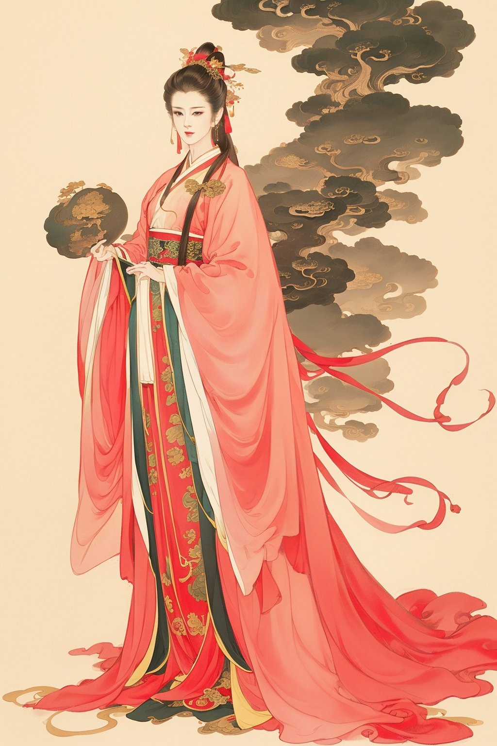 ((4k,masterpiece,best quality)),traditional chinese ink painting,1girl,(full body:1.3),very long hair,east asian architecture,classical beauty,hanfu,elegant posture,detailed eyes,original,(base color: pink),ancient dance,