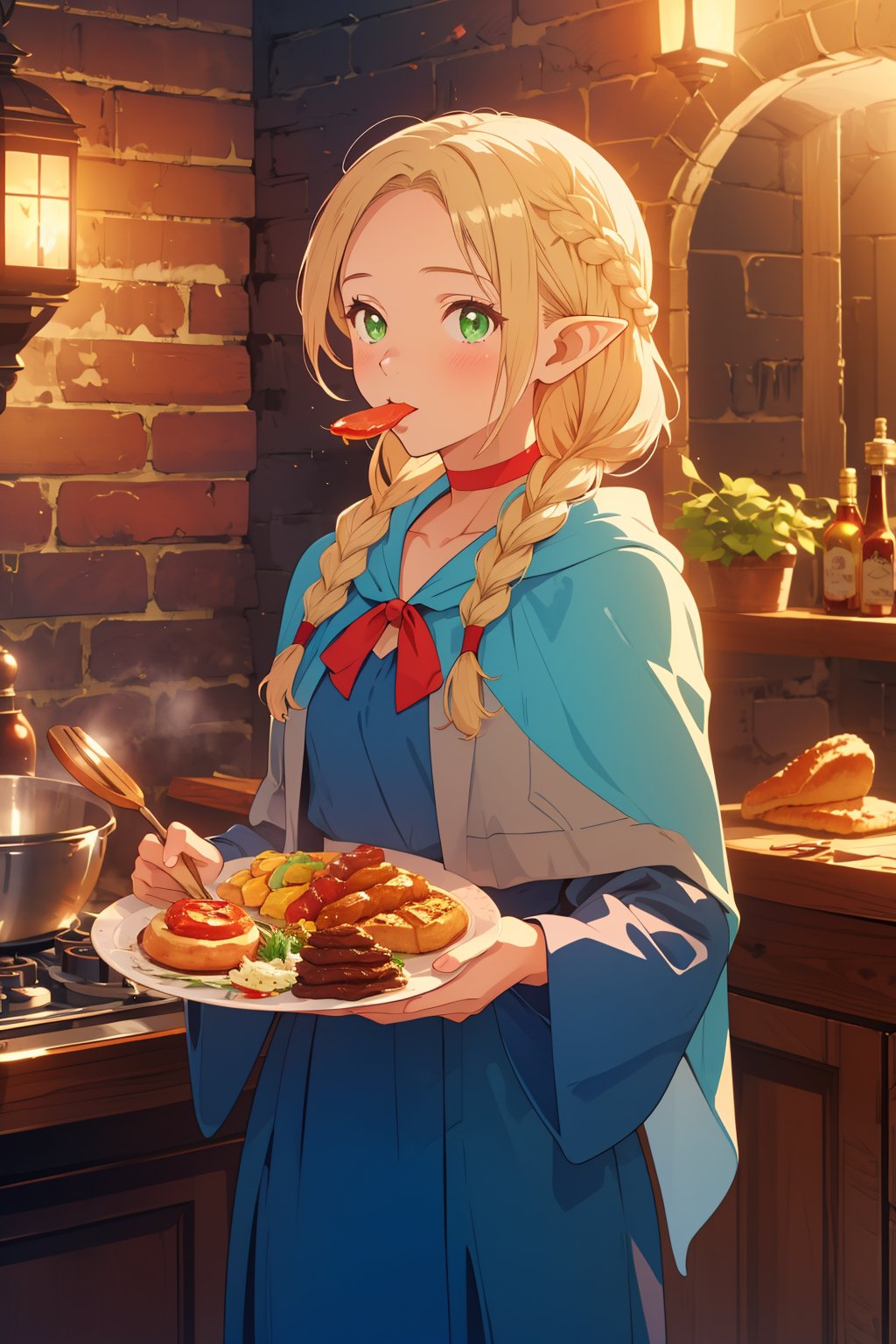 (masterpiece),4K,best quality,1girl,cowboy shot,marcille donato\donato marcille\(delicious in dungeon\),pointy ears,blonde hair,parted bangs,hair ribbon,green eyes,red choker,light blue capelet,ribbon,dark blue dress,(long dress),brown belt,belt pouch, (french braid twin braids),dungeon,visual appeal,eating,sumptuous food,