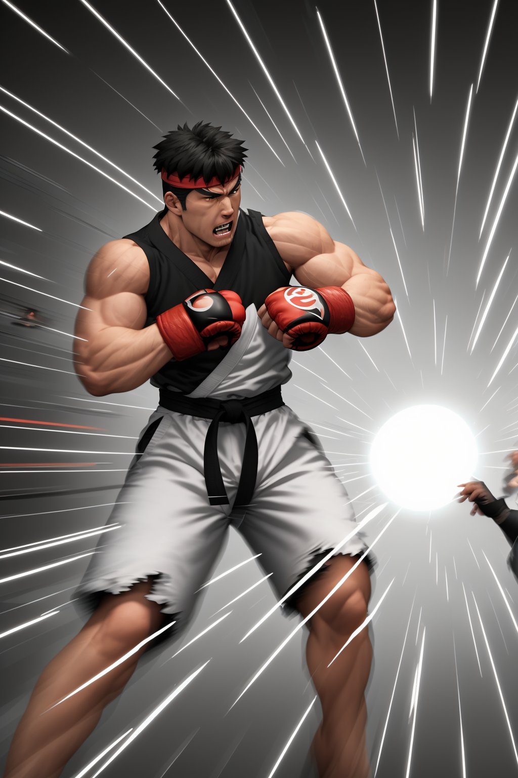 masterpiece,4K,best quality,(visual appeal),ryu \(street fighter\),((upper body)),(black hair,short hair,detailed face,detailed eyes),red headband,white dougi,sleeveless,(torn clothes),white dojo pants,black martial arts belt,red fingerless gloves,muscular,(standing),fighting stance,dynamic angle,dynamic pose,intense face,angry,clenched teeth,(((motion blur,motion lines))),(glowing,electricity,east asian architecture),((IncrsPunchMeme)),((punch)),