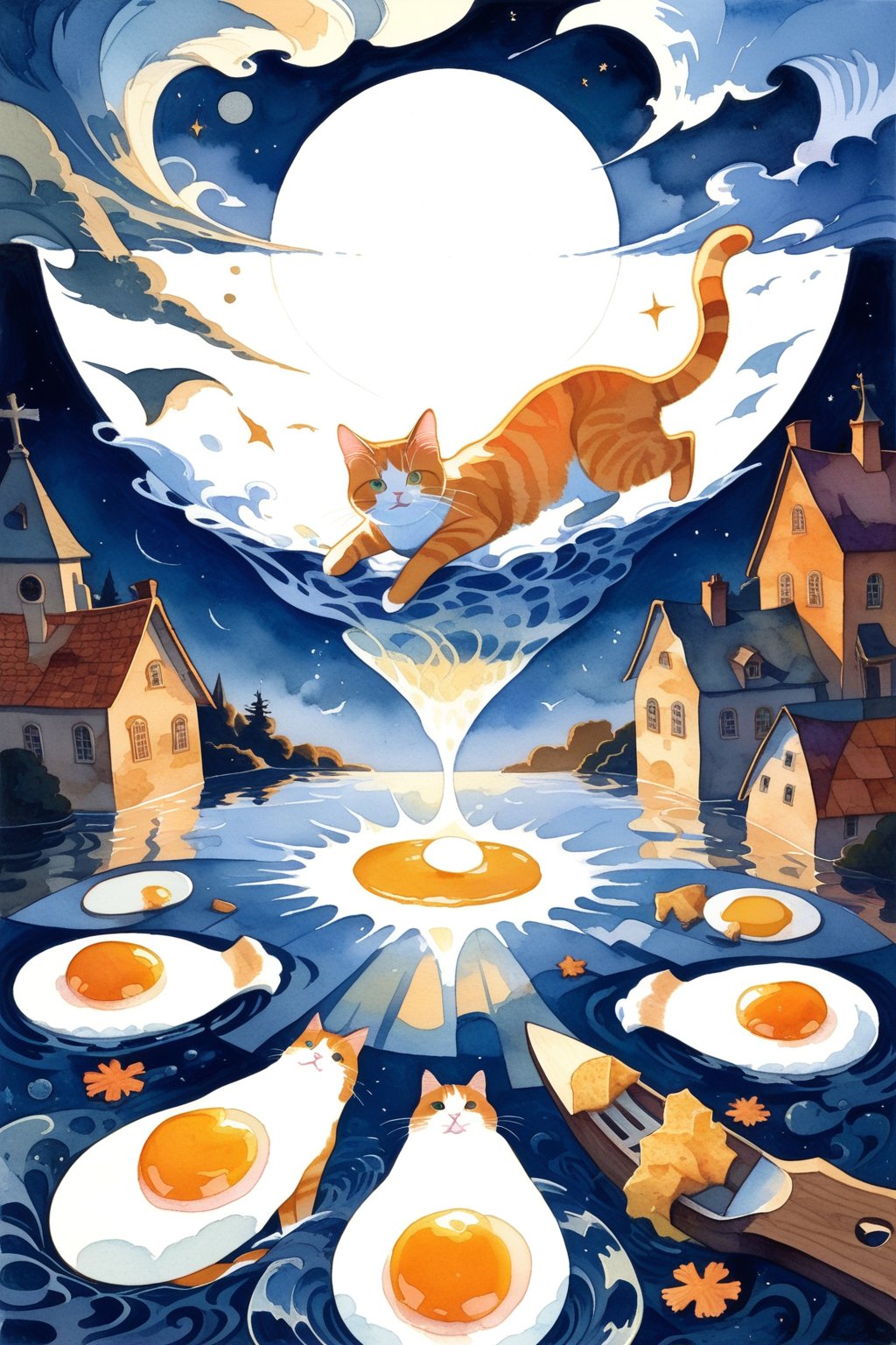 (optical illusion),(aesthetic,perfect composition),(combine white cat,orange cat,poached eggs.) (connect these elements together),(Rob Gonsalves style,M.C. Escher style),Deformed,watercolor \(medium\),