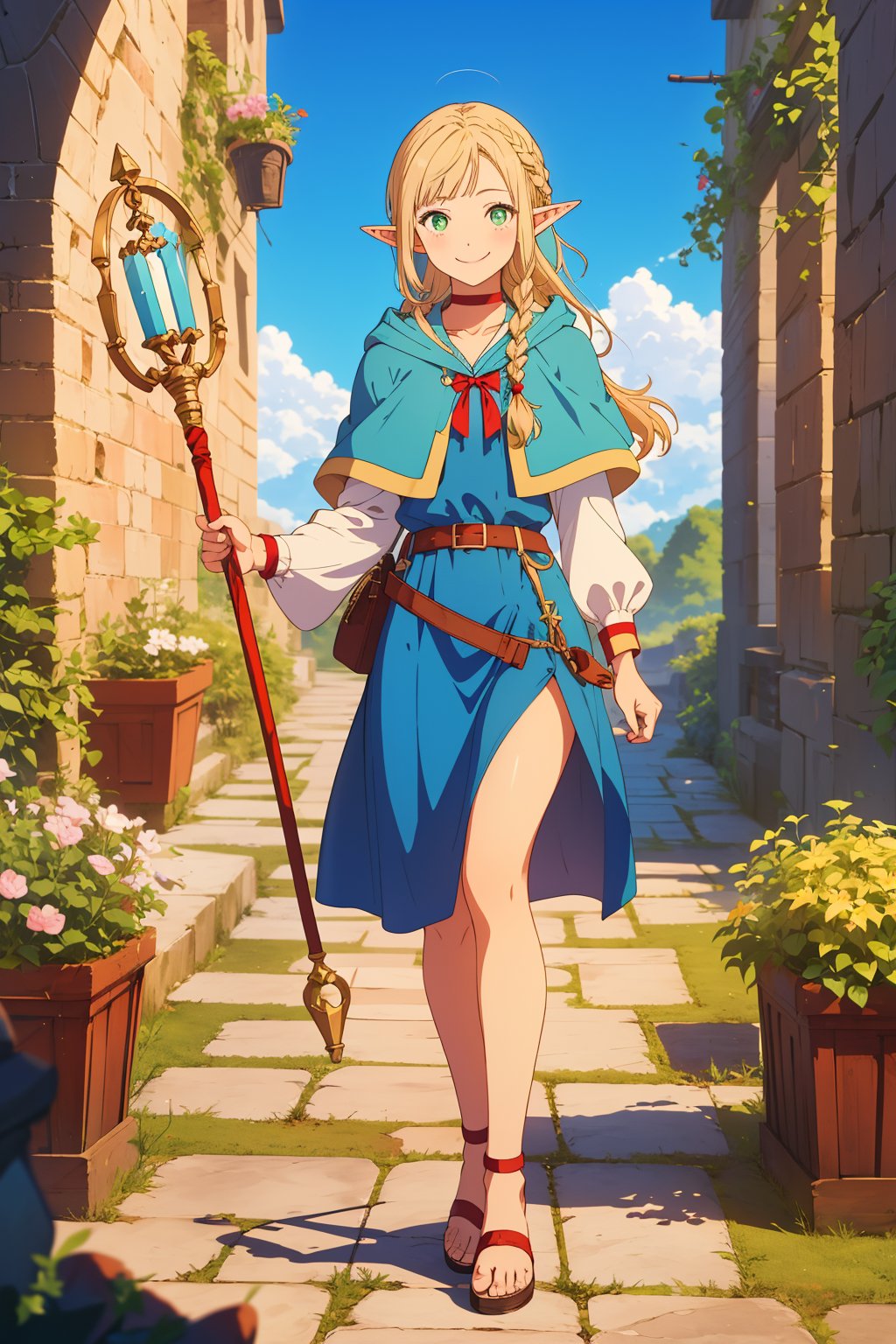 masterpiece,4K,best quality,1girl,full body,marcille,marcille donato\donato marcille\(delicious in dungeon\),elf,pointy ears,blonde hair,parted bangs,hair ribbon,green eyes,red choker,light blue capelet,hooded capelet,ribbon,dark blue dress,long sleeves,brown belt,belt pouch, french braid twin braids,sandals,hood down,holding,staff,holding staff,stone bricks,arch,smile,a staff with a circle on it,