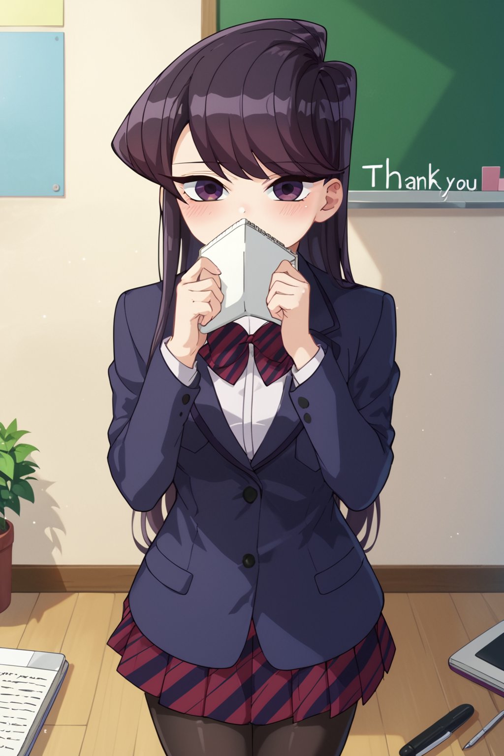 score_9, score_8_up, score_7_up, source_anime,(detailed eyes),komi shouko\,shouko komi\komi can't communicate\,1girl,cowboy shot,notebook with text as "thank you",long hair,bangs,black hair,purple eyes,striped bow tie,dark blue blazer,white shirt,long sleeves,pleated skirt,black pantyhose,blush,notebook covering mouth,red and black striped bow tie,red and black striped pleated skirt,thighband pantyhose,miniskirt,(two hands holding notebook),(open notebook),english text,two hands up,(show notebook),(notebook with text as "thank you"),style_brush,