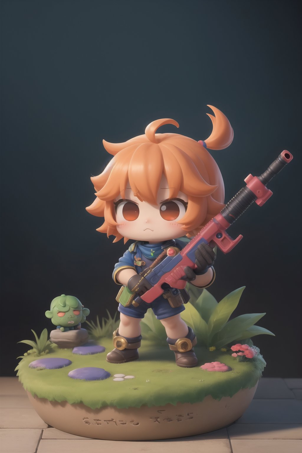 score_9,score_8_up,score_7_up, ,masterpiece,4K,best quality,a Q version character holding a huge pistol,chibi,kawaii,cute,(innocent expression),matte role,miniature garden,huge pistol,petite character,(slain monster),