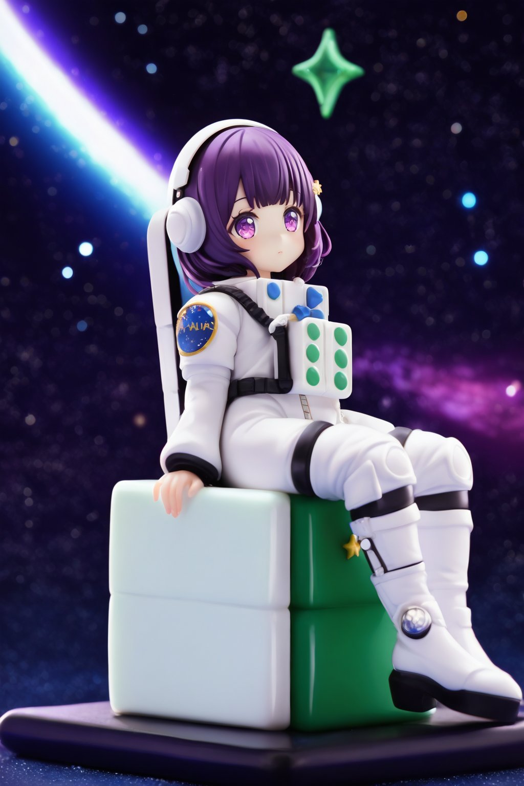 (1girl,little girl,girl focus),full body,kawaii,astronauts,((only one) giant mahjong),(sits on the giant mahjong tile),starry sky background,masterpiece,4K,best quality,fantasy,concept,(detailed eyes),meticulous,detail processing,((PVC Style)),space suit,spacesuit helmet,purple hair,purple eyes,(half open eyes),