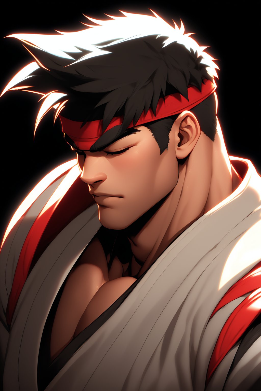 masterpiece,4K,best quality,ryu \(street fighter\),(face close-up,from side,short hair),headband,((black background,glowing outlines)),(closed eyes),