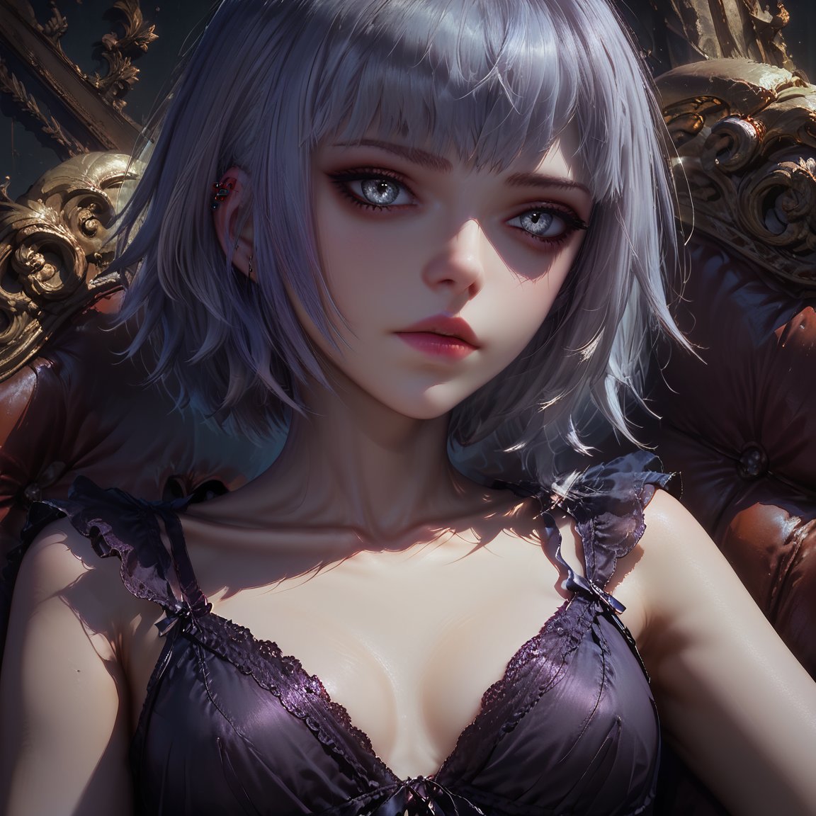 (close up shot of face),(best quality),1girl,(detailed eyes),gray eyes,white hair,short hair,babydoll,emo,Expressiveh,concept art,TY,BYK,dusk,