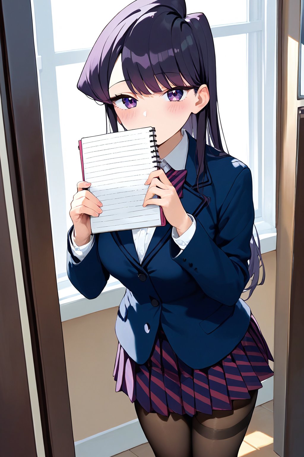 score_9, score_8_up, score_7_up, source_anime,(detailed eyes),Shouko Komi,1girl,(holding notebook),(notebook with text as "thank you"),(open notebook),(show notebook),(hands up),english text,long hair,bangs,black hair,purple eyes,blazer,blush,red and black striped pleated skirt,thighband pantyhose,style_brush,(eyes highlights),window,notebook covered mouth,