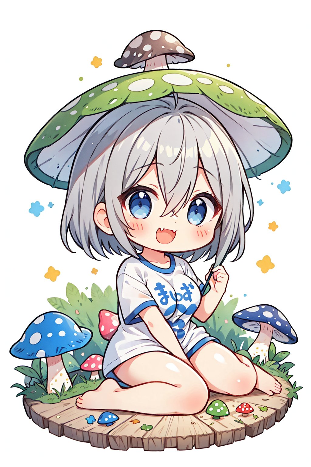 1girl,Magical POP Illustration,chibi,large breasts,short hair,blue eyes,bangs,skin fang,grey hair,hair between eyes,wide t-shirt,boyfriend style,short sleeves,barefoot,only wear t-shirt,white t-shirt,too big clothes,loose,no pants,much bigger clothes,mini girl,wariza,Life-sized mushroom,sitting on the life-size mushroom,cute,kawaii,chibi style,huge head,