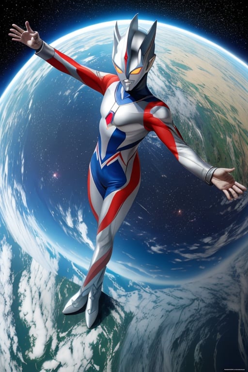 masterpiece,4K,best quality,(ultraman),(ultraman focus),(360 degrees photo to tiny planet),from above,360picture,((little planet)),concept art,(standing on the planet),pose,(((hold one hand high))),clenched hand,round planet,universe,star,