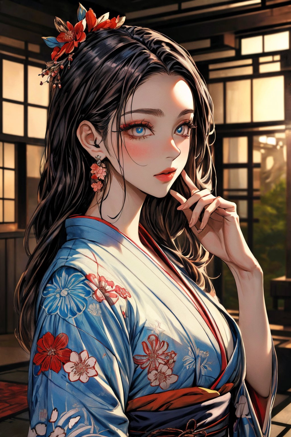 shexyoart,A striking artwork featuring two elegant figures adorned in vibrant, traditional Japanese kimonos. One figure has long, dark hair with a red flower accessory, while the other has shorter silver hair. Both are characterized by detailed tattoos and ornate jewelry, including large earrings. Their expressions convey a sense of intimacy and mystery, set against a backdrop of colorful floral patterns and soft, ethereal lighting that enhance the overall aesthetic. (make up,detailed eyes,beautiful female fingers,Japanese style garden,architecture,dreamy atmosphere),